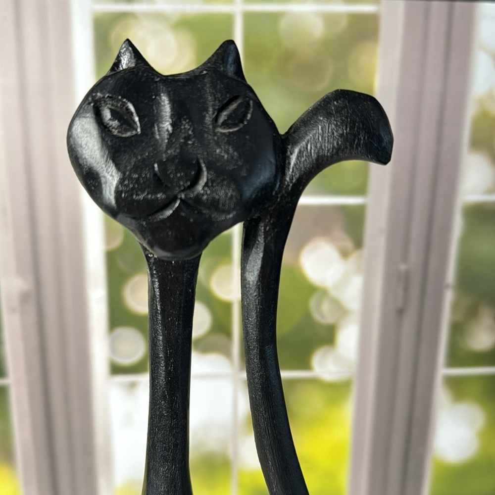 Handcrafted artisan woodentall thin Black Cat Sculpture - Picture 4 of 14